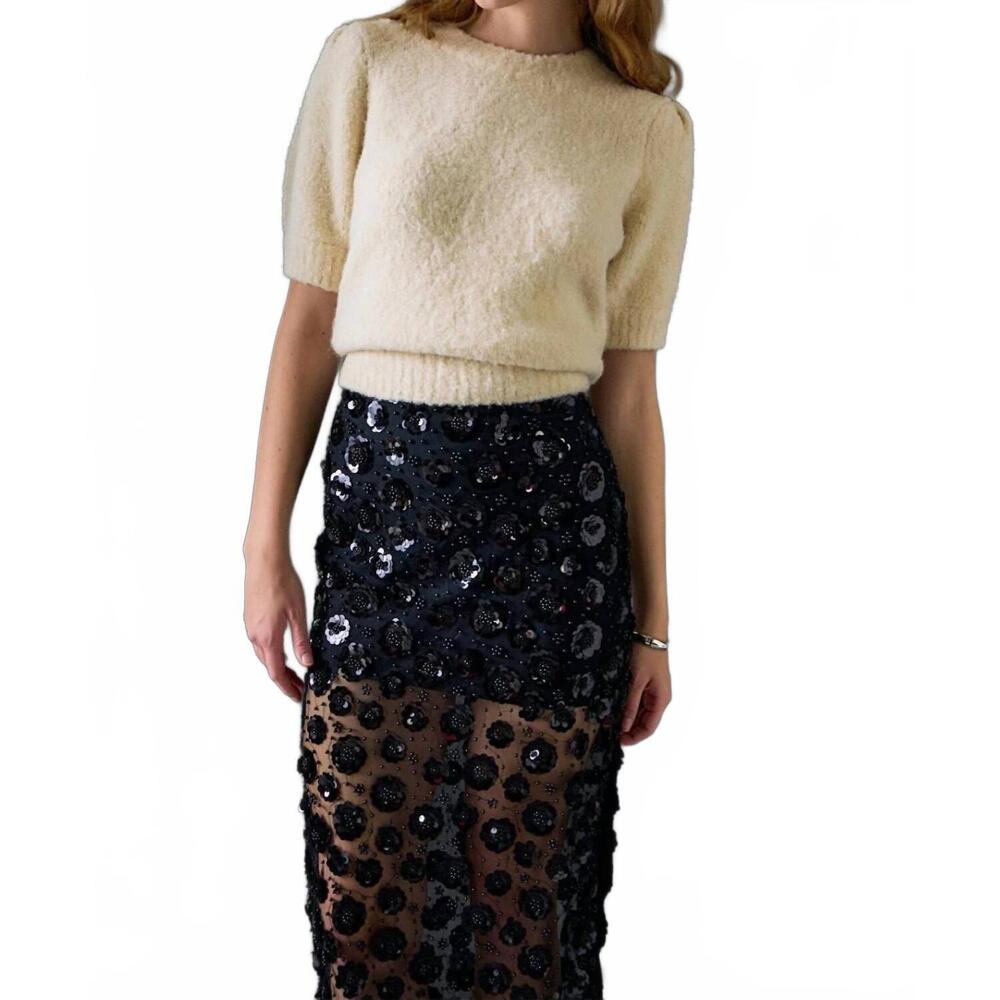 NEW ENGLISH FACTORY women's flower sequin sheer midi skirt in black - Picture 6 of 7